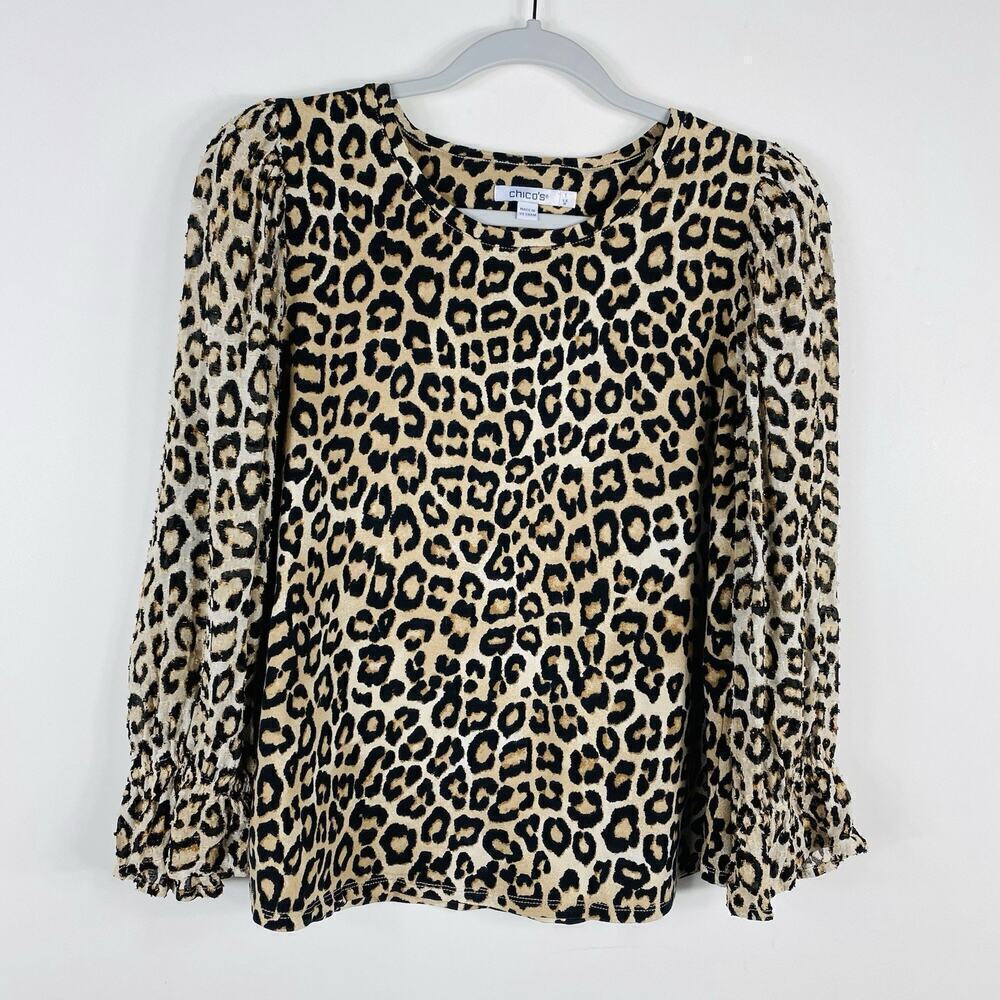 Chico's Size Medium 8 1 Cheetah Print Chiffon Sleeve Top Brown